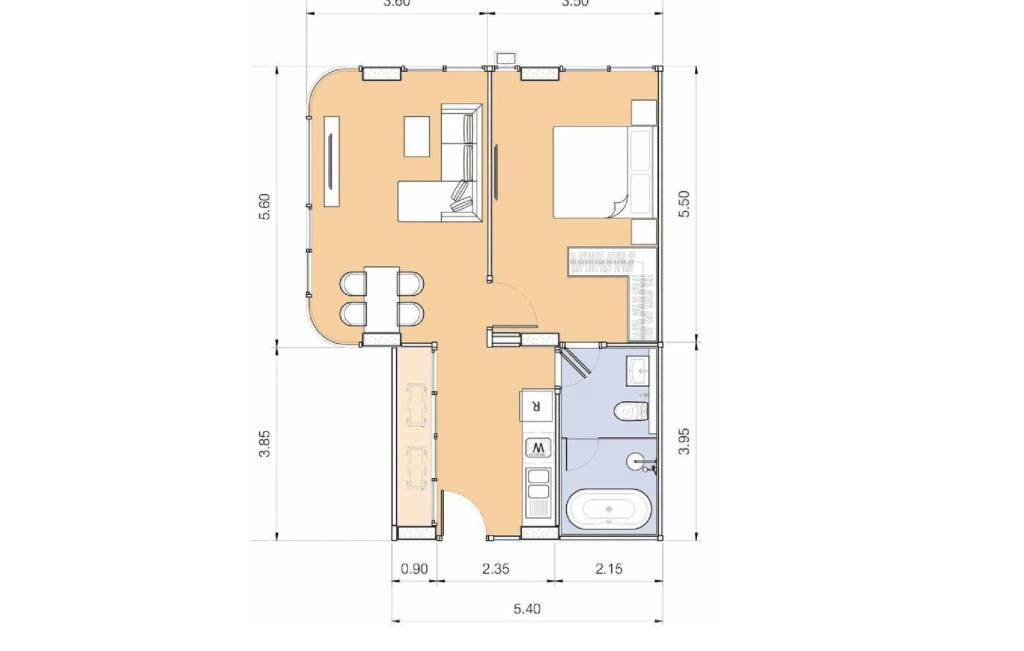 อพาร์ตเมนต์หนึ่งห้องนอนประเภทมุม