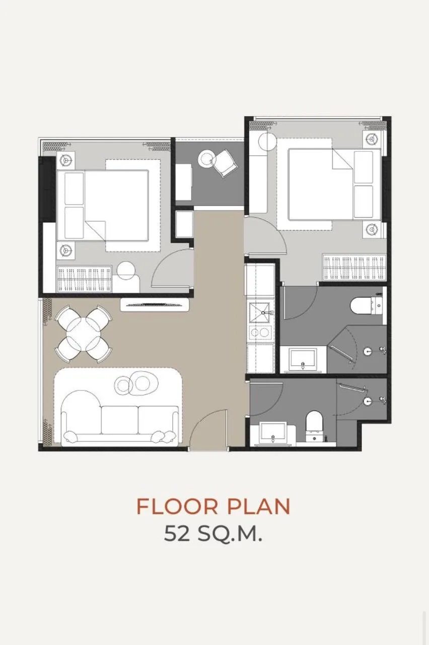 Two bedrooms · 52 m²