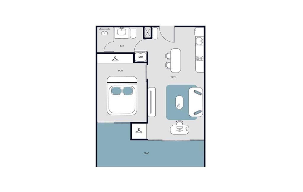 One-bedroom apartments type B2, B3