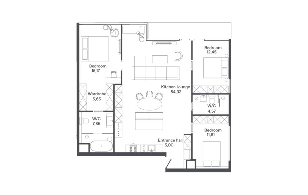 Three-bedroom apartment type D3-B