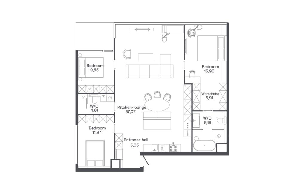 D2-A three-bedroom apartments