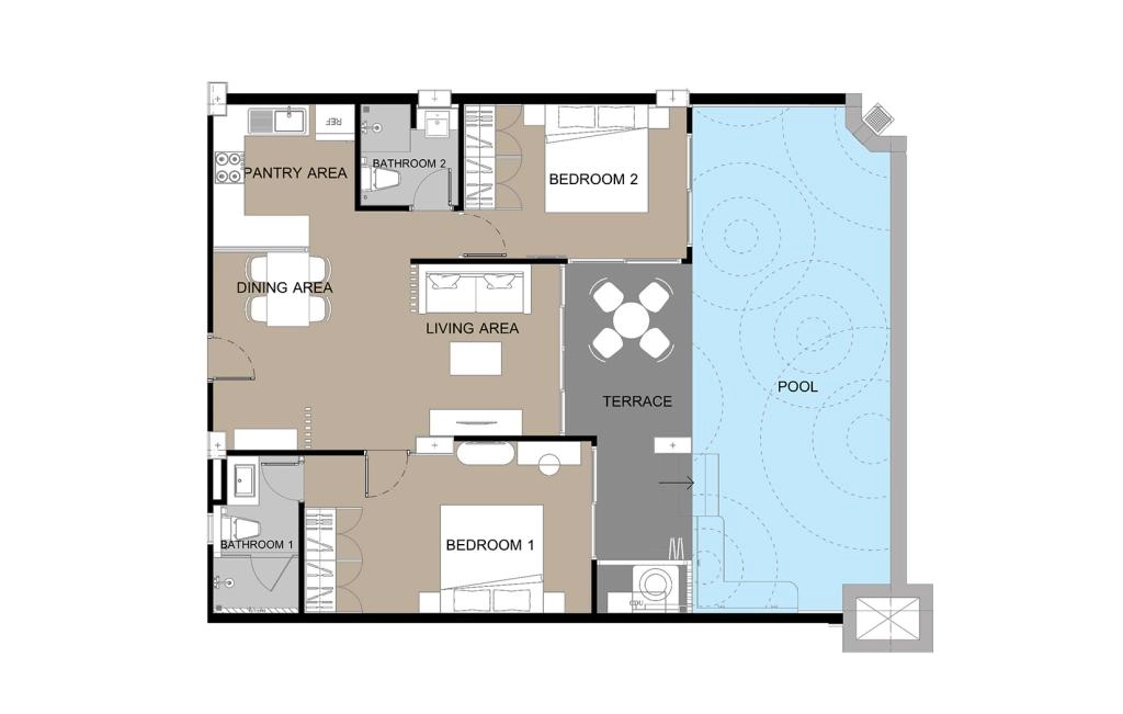 D-type two-bedroom apartment with pool and terrace
