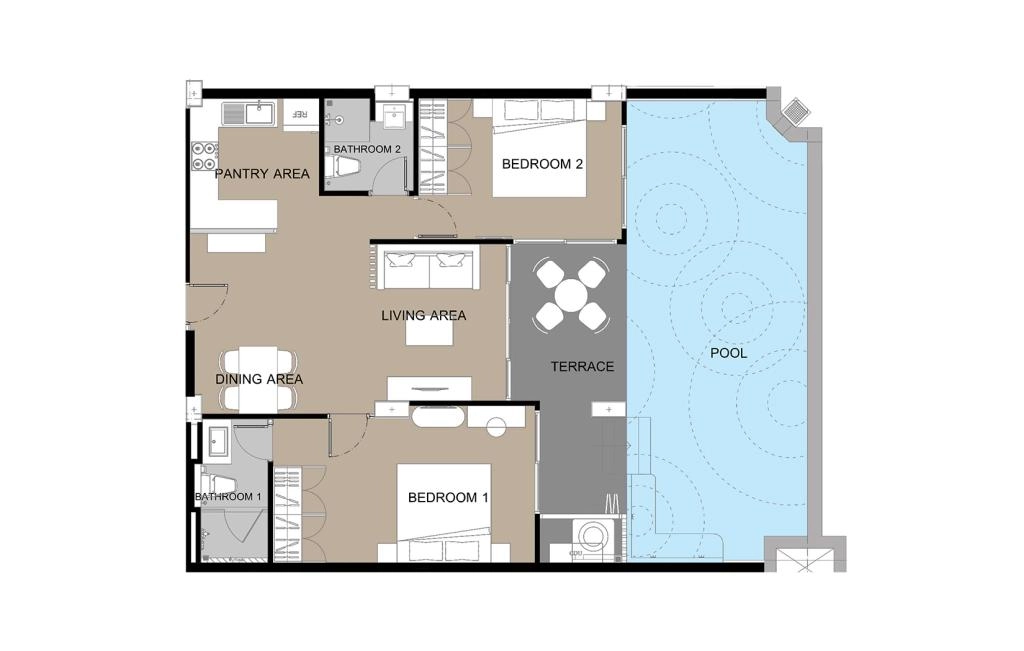D1 type two-bedroom apartments with a pool and terrace
