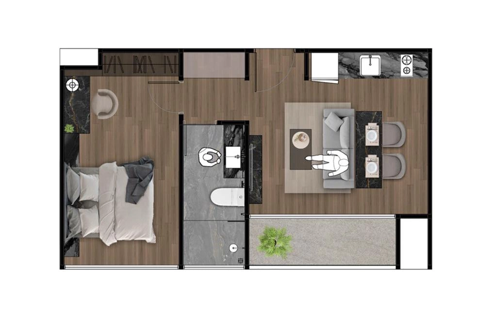 อพาร์ตเมนต์แบบหนึ่งห้องนอนประเภท 1BR-C