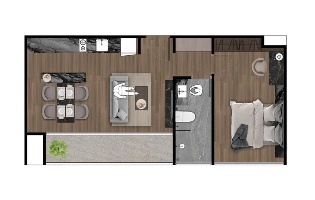 อพาร์ตเมนต์แบบ 1 ห้องนอน (ประเภท 1BR-D)