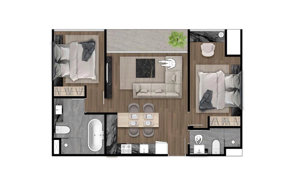 อพาร์ตเมนต์แบบ 1 ห้องนอนประเภท 2BR-C