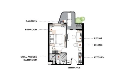 BND304 อพาร์ตเมนต์แบบหนึ่งห้องนอนประเภท 1BL The Title Balcony