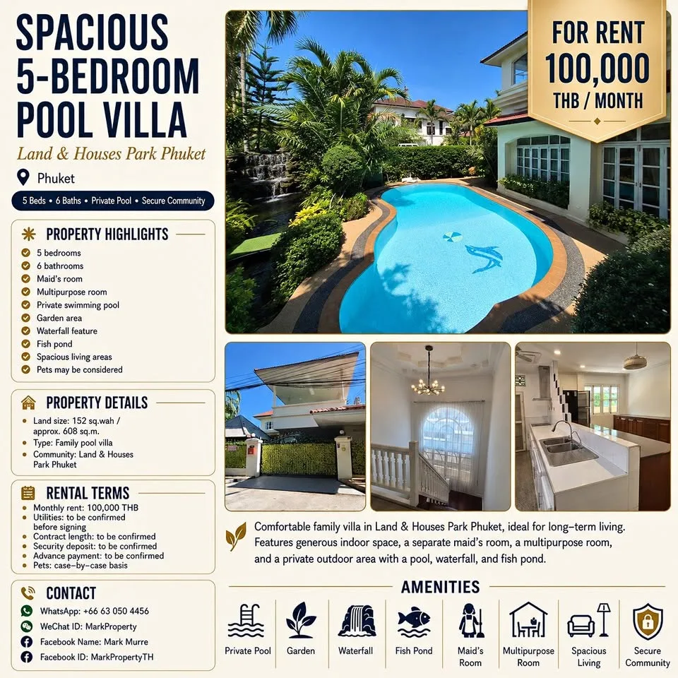 Просторная вилла с 5 спальнями и бассейном в аренду в Land & Houses Park Phuket