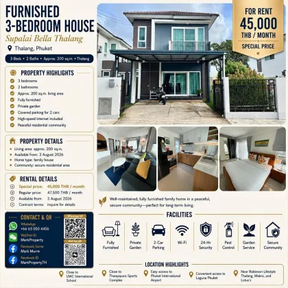 Casa amueblada de 3 dormitorios en Supalai Bella Thalang para alquiler, Phuket