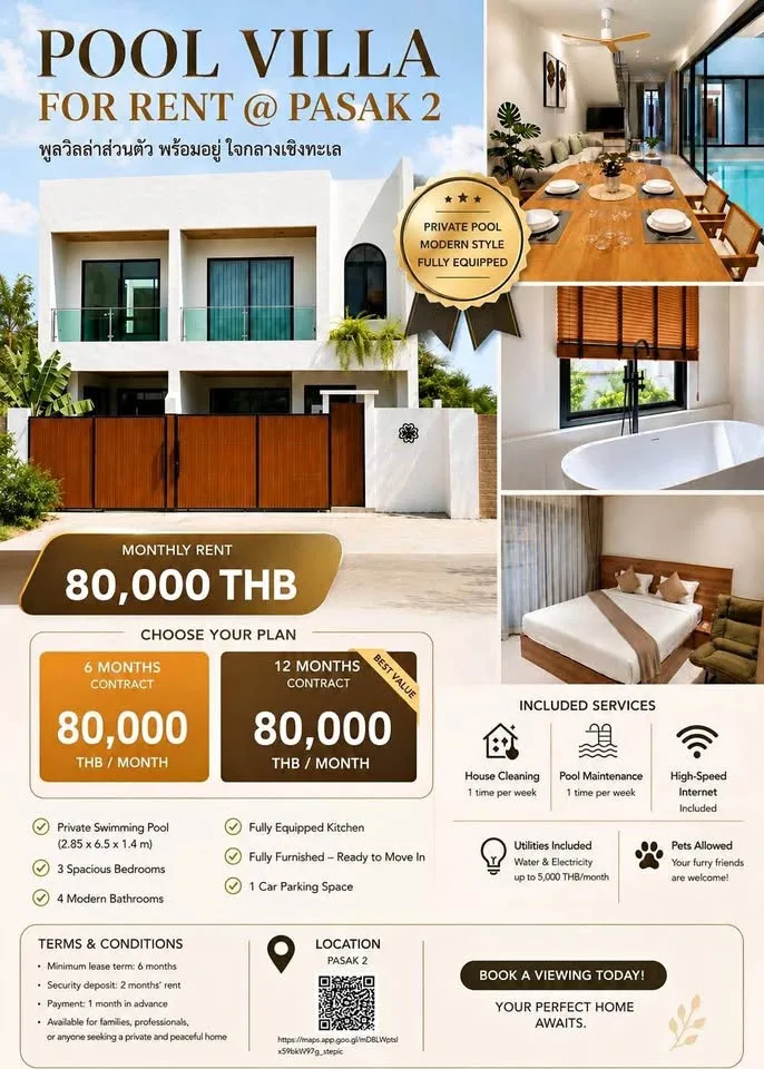 Villa con piscina de 3 dormitorios y 4 baños en alquiler en Pasak 2, Cherng Talay