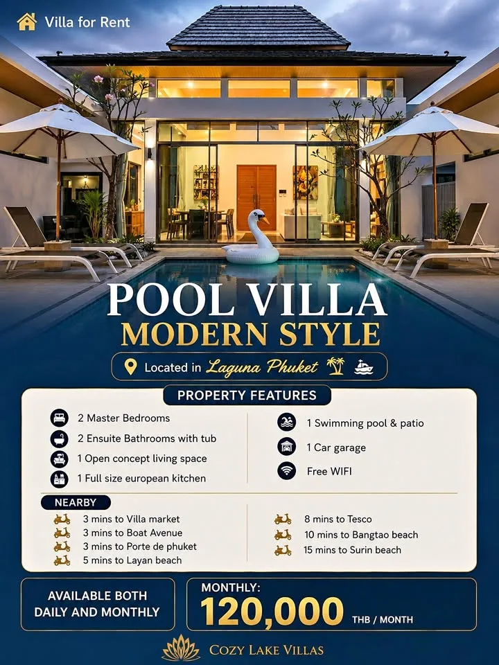 Villa con piscina de 2 habitaciones totalmente amueblada en alquiler en Laguna Phuket