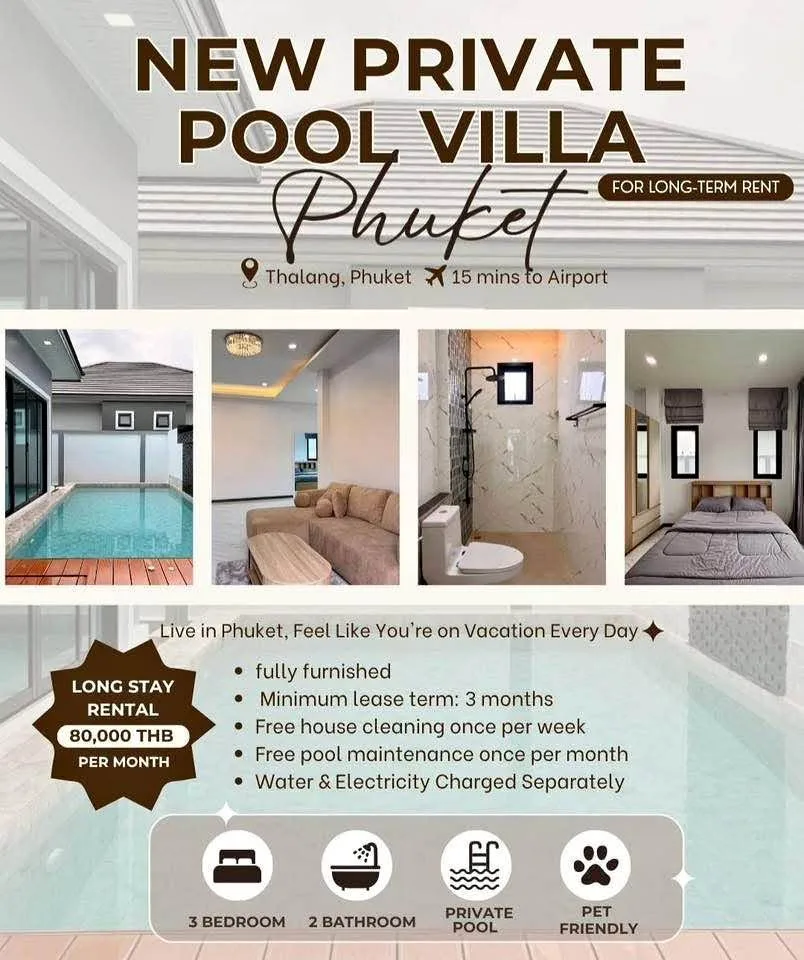 Villa privada nueva con piscina, 3 habitaciones y 2 baños en alquiler en Bang Tao, Phuket