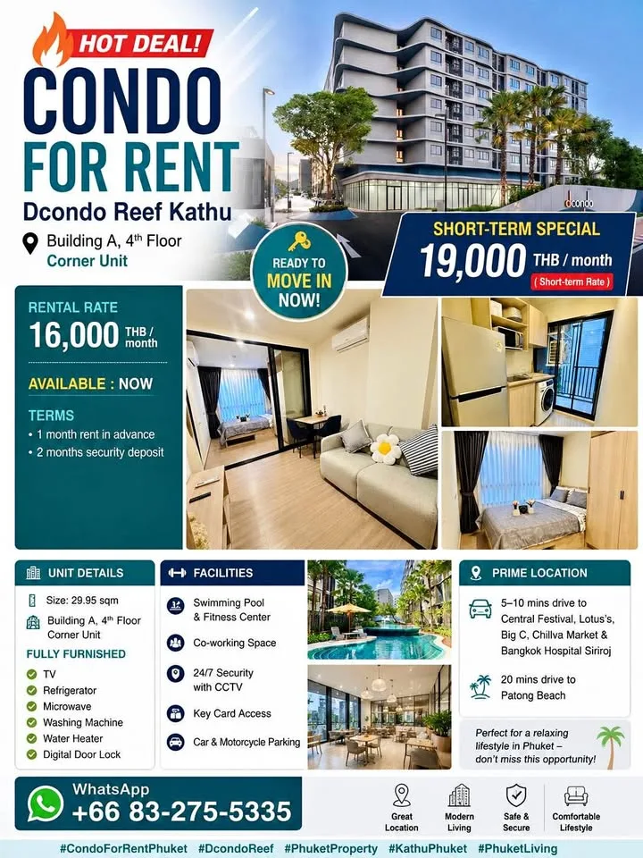 Уютная угловая 1-комнатная квартира в аренду в Dcondo Reef Kathu