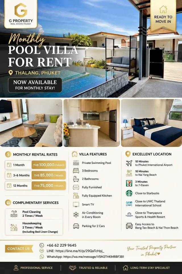 Villa con piscina privada de 3 habitaciones en alquiler mensual en Thalang, Phuket
