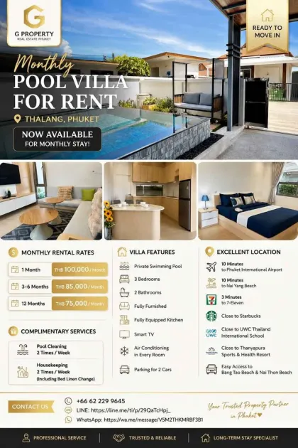 Villa con piscina privada de 3 habitaciones en alquiler mensual en Thalang, Phuket