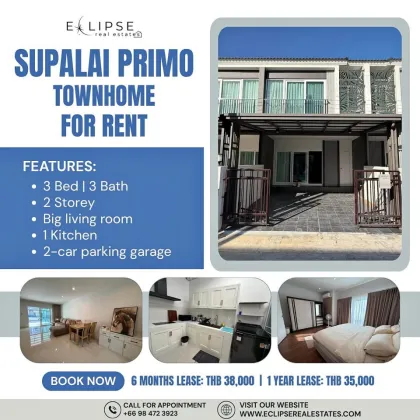 Moderno Townhome de 3 Dorm 3 Baños en Alquiler en Supalai Primo, Si Sunthon