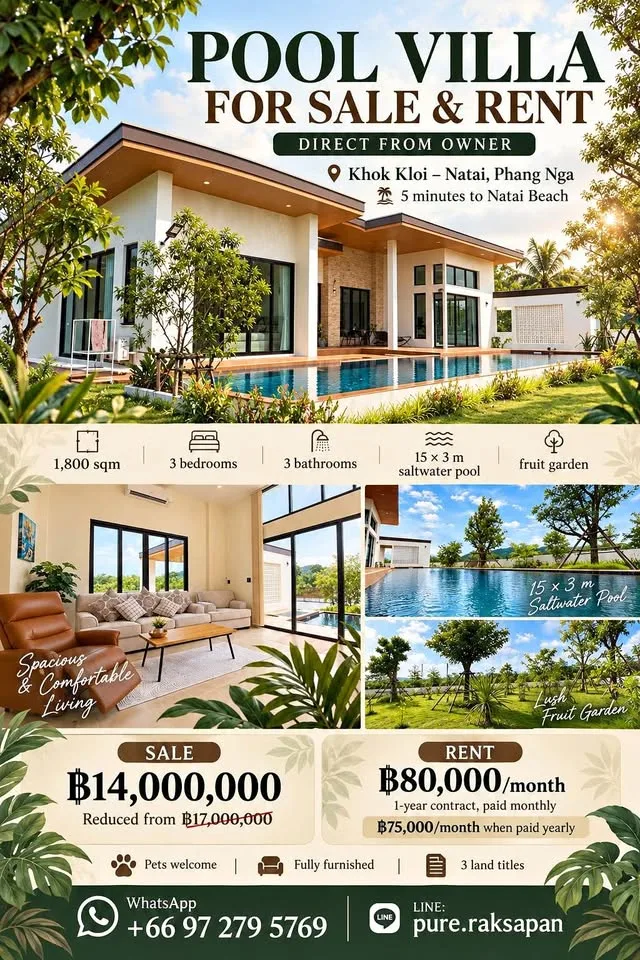 Poolvilla zu vermieten und verkaufen mit privatem Pool und Obstgarten