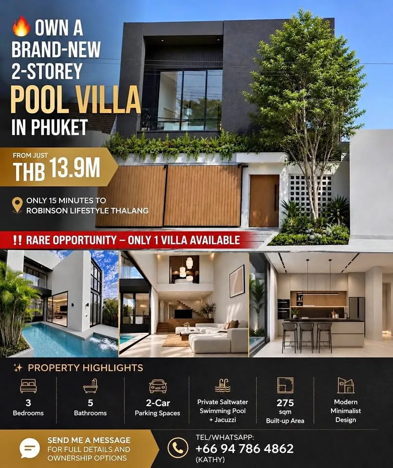 Villa neuve 2 étages avec piscine à Phuket pour 13,9 millions THB